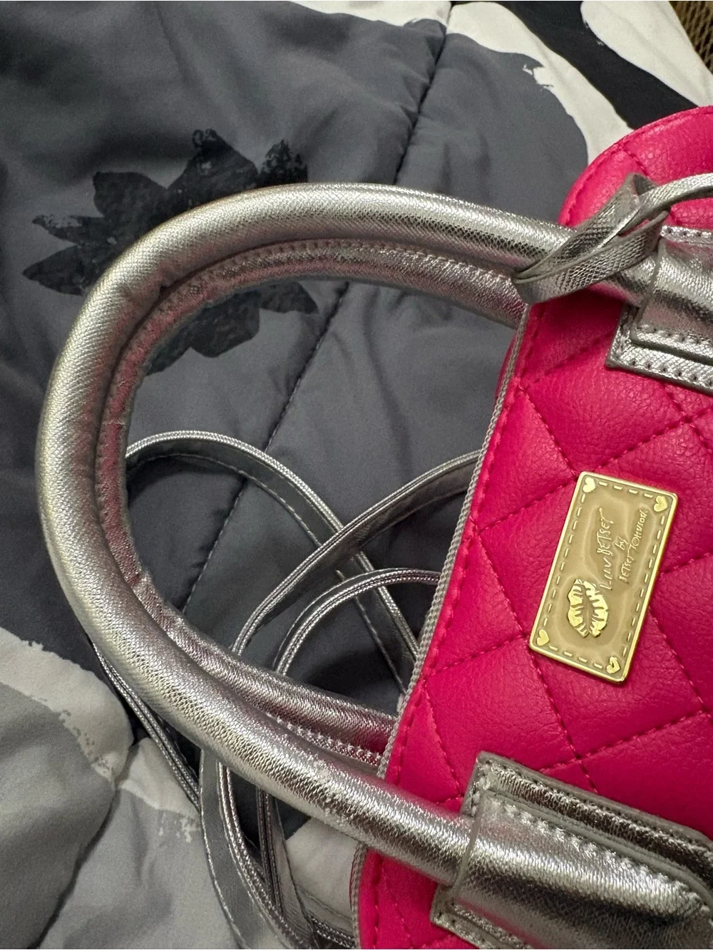 Betsey Johnson Hot Pink Quilted Satchel Cupcake Charm Silver Handless NWOT